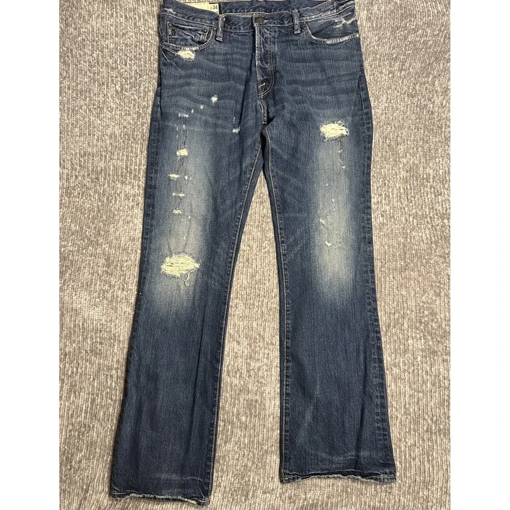 Abercrombie & Fitch Baxter Mens 34x32 Distressed Slim Bootcut Jeans Dark Wash